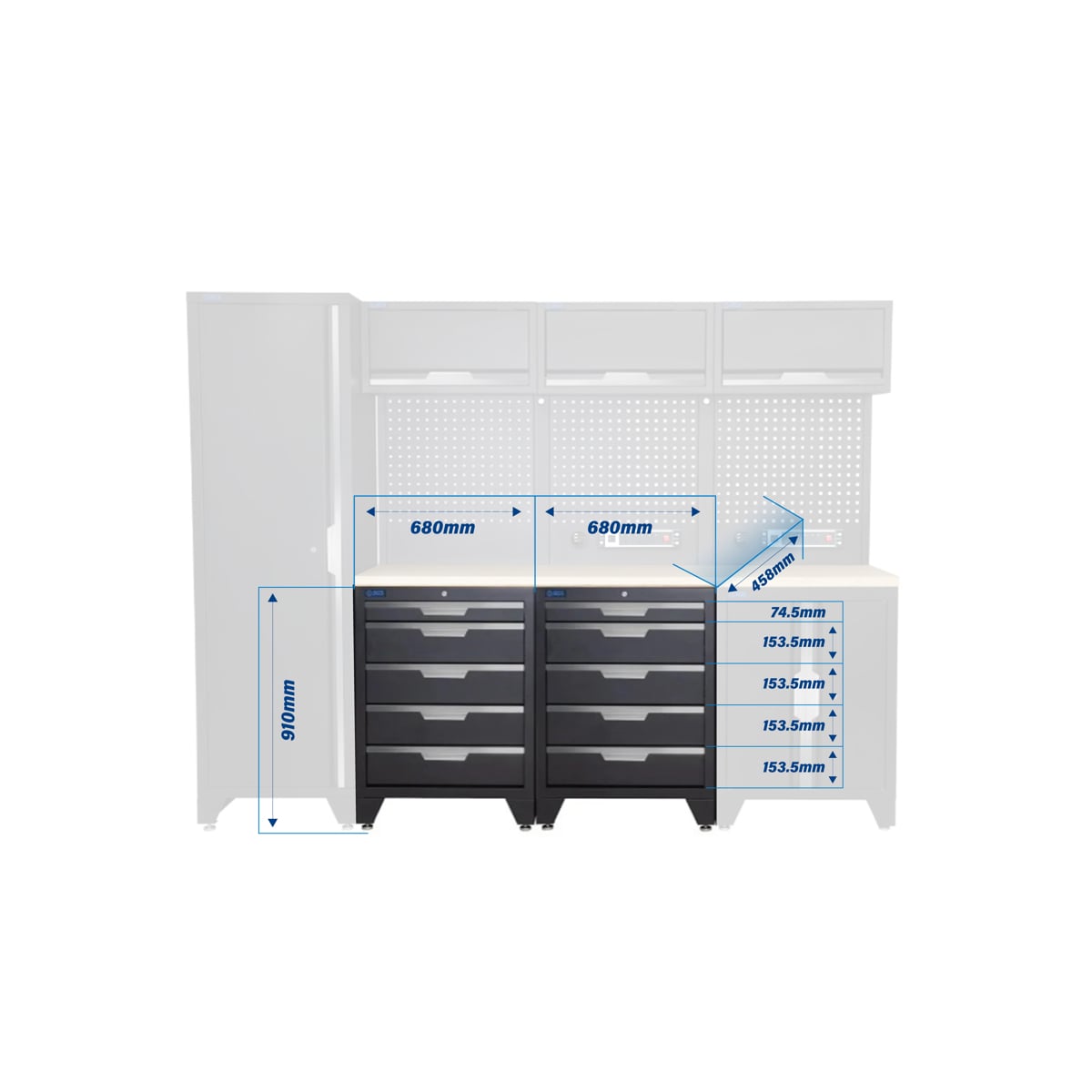 SGS 10pc Modular Garage Storage | 10 Drawers | Plywood Worktop | Floor Cabinet | Tall Single Cabinet | 3x Upper Cabinets | 2x Pegboards with Power Strip